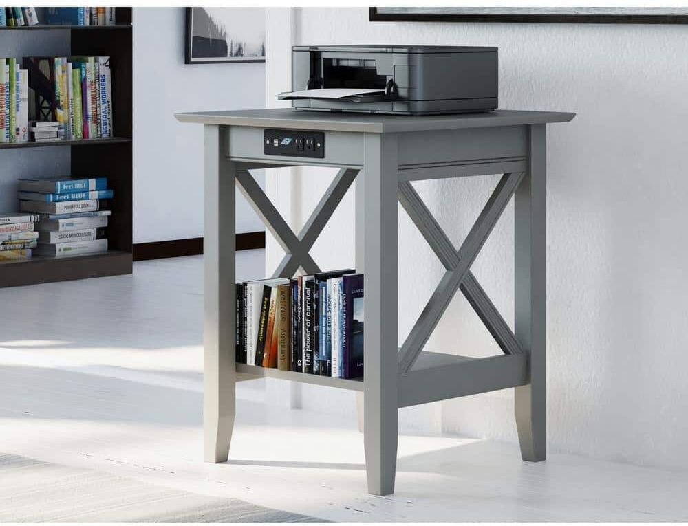 AFI Lexi Square Gray 24 in. Solid Wood End Table Printer Stand with Built in Electronic Charging Station