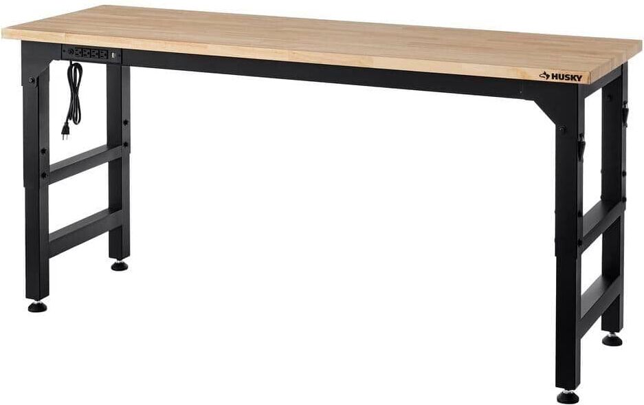 Husky 6 ft. Adjustable Height Solid Wood Top Workbench in Black for Heavy Duty Welded Steel Garage Storage System