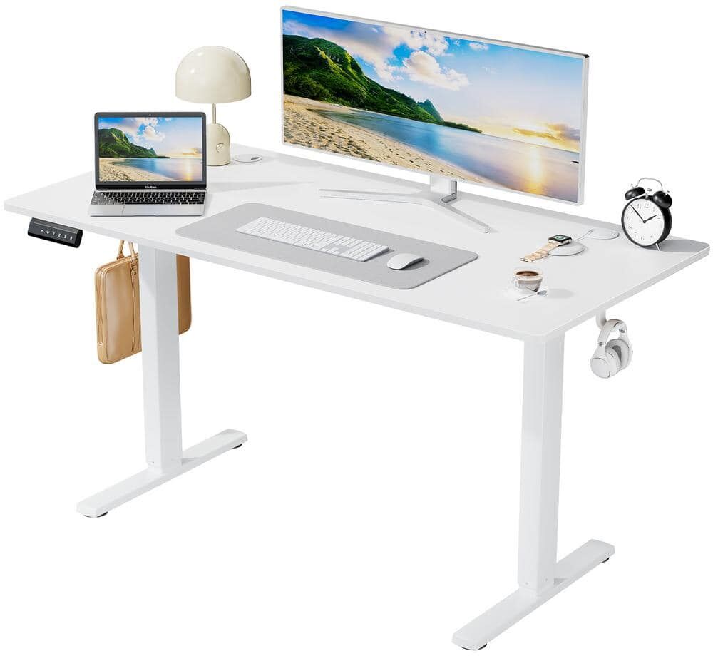 FIRNEWST 55 in. Rectangular White Electric Standing Computer Desk with Whole-Piece Desktop Board Height Adjustable