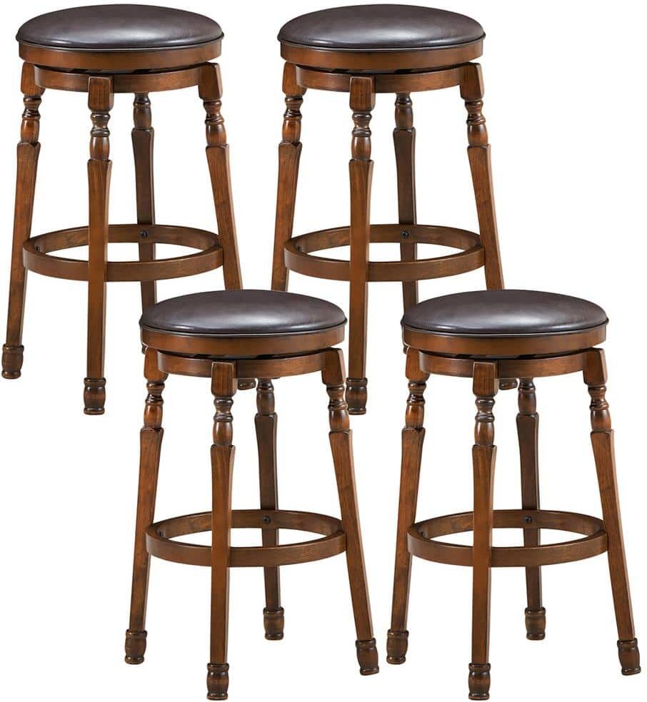 Costway 29 in. Walnut Wood Swivel Bar Stool Faux Leather Padded Dining Kitchen Pub Chair(Set of 4)