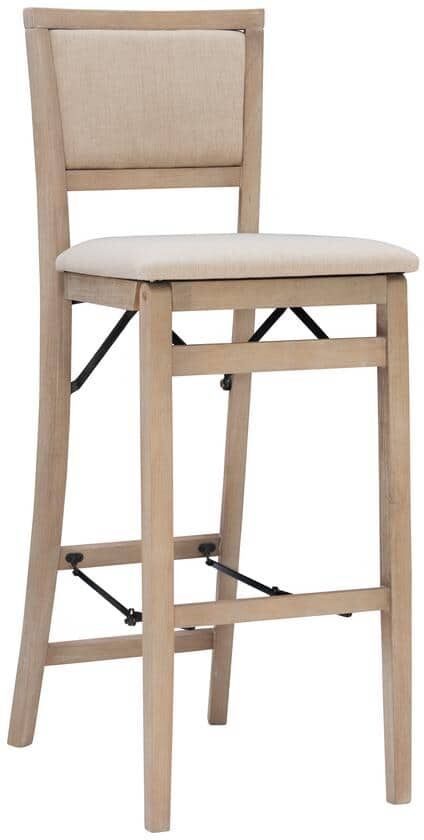 Linon Home Decor Keira 30.75 in. Seat height Gray-wash High back Wood frame Folding Barstool with Beige Polyester seat 1 stool