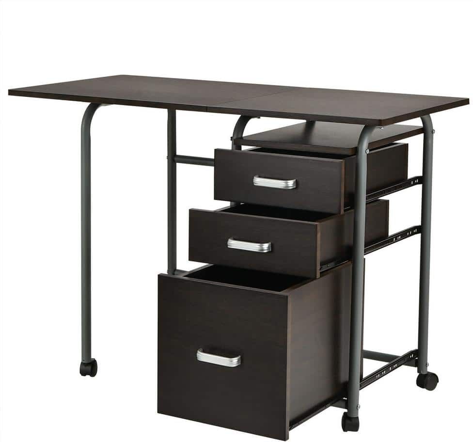 Gymax 41.5 in. Brown Folding Computer Laptop Desk Wheeled Home Office Furniture with 3-Drawers