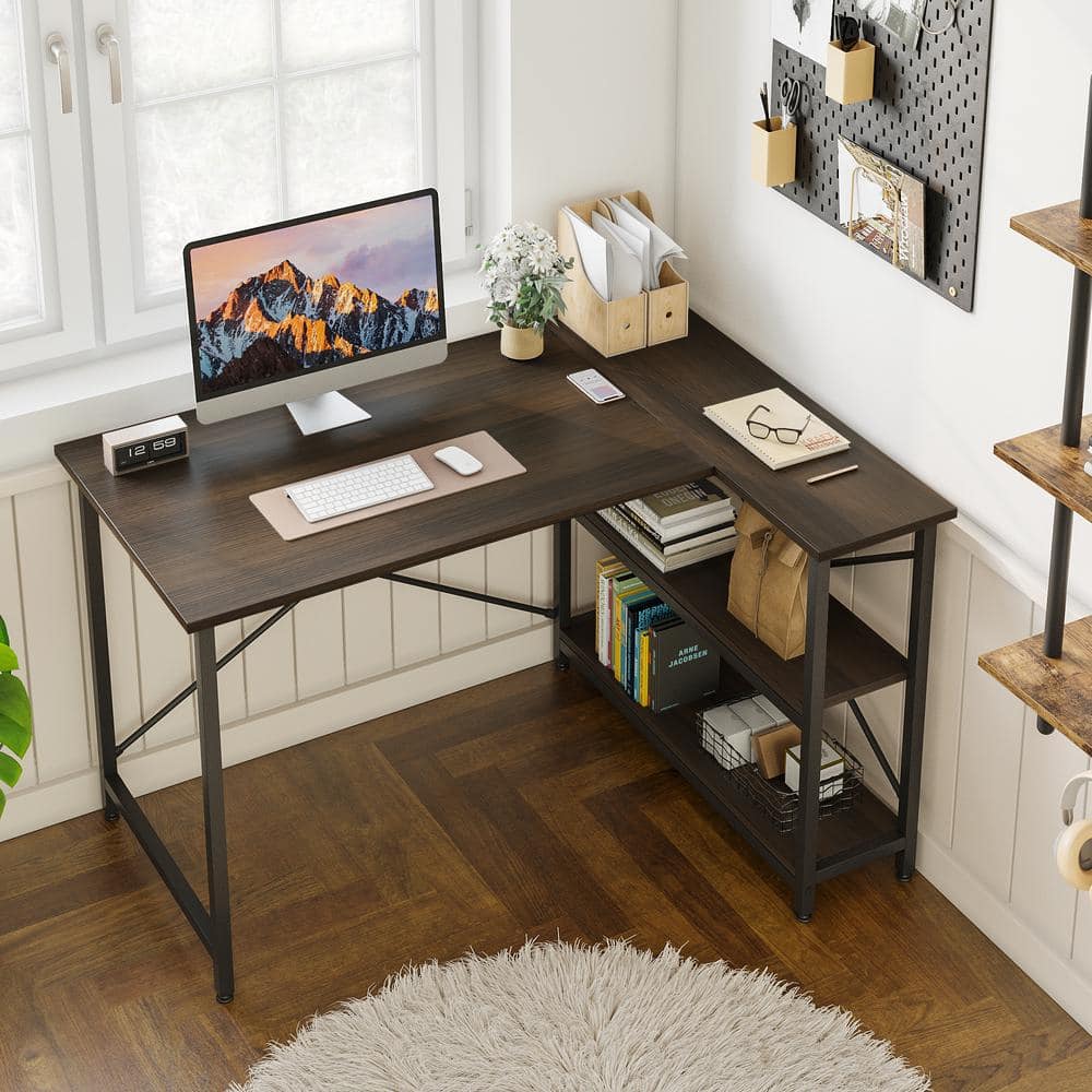 Bestier 47 in. Small L-Shaped Computer Desk with Storage Shelves Brown