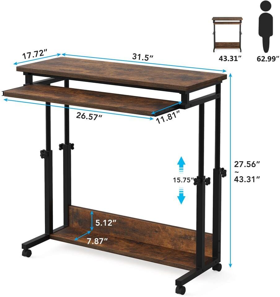 TRIBESIGNS WAY TO ORIGIN Andrea 31.5 in. Brown Mobile Drawing Wood Desk Height Adjustable Laptop End Storage Shelf Computer Cart Keyboard Tray