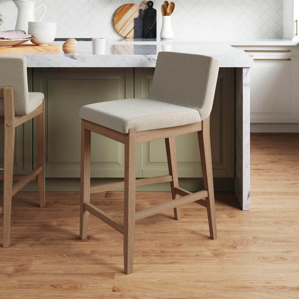 Nathan James Gracie 24 in. Modern Counter Height Bar Stool with Back, Brushed Light Brown Wood Legs, Natural Flax/Brown