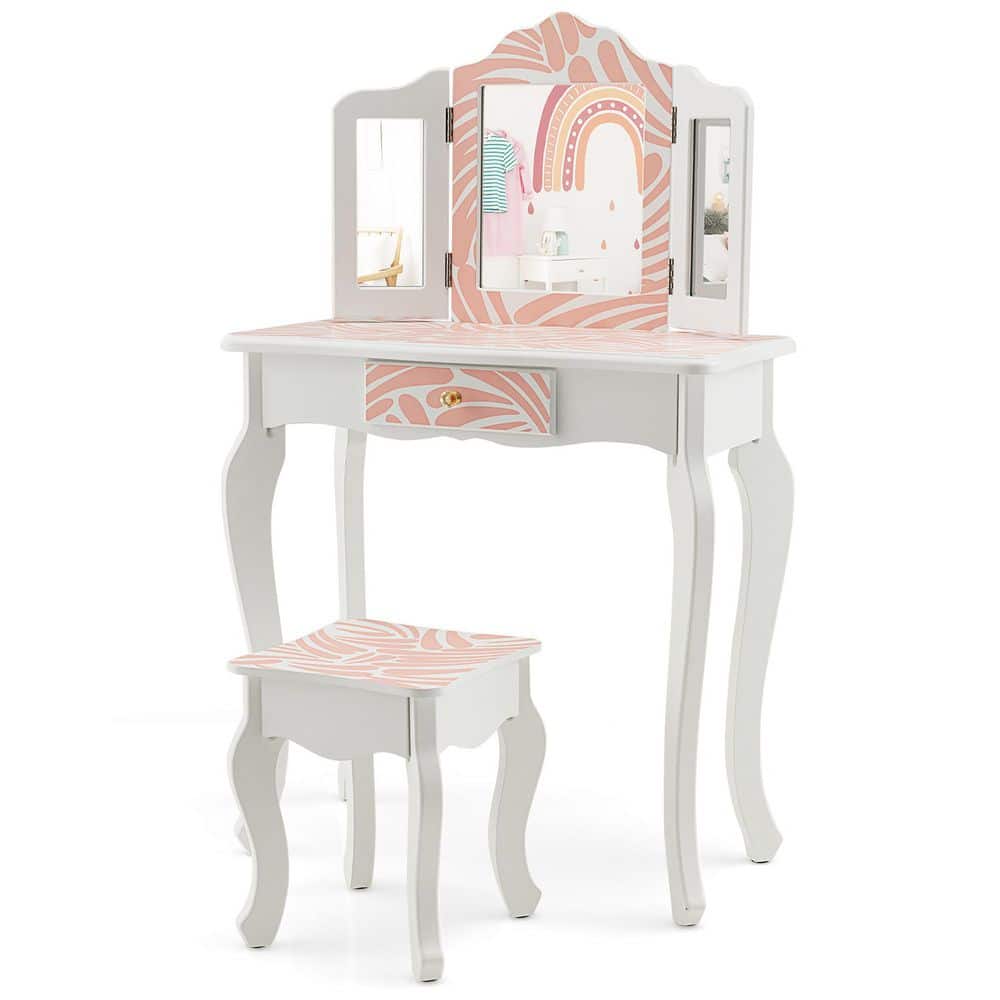 Costway Kid Vanity Set Wooden Makeup Table Stool Tri-Folding Mirror Zebra-Stripe Pink