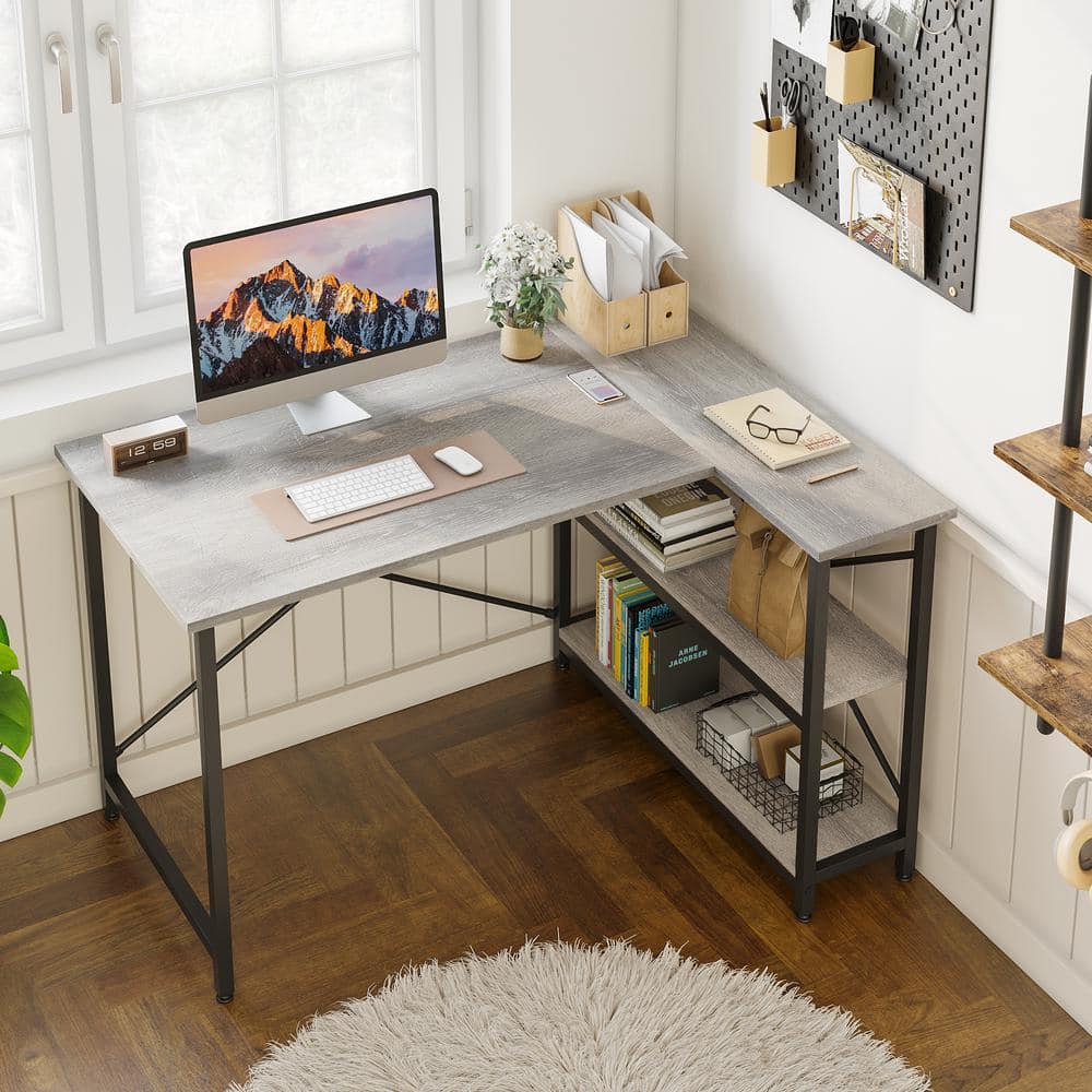 Bestier 47 in. Small L-Shaped Computer Desk with Storage Shelves Light Gray Oak