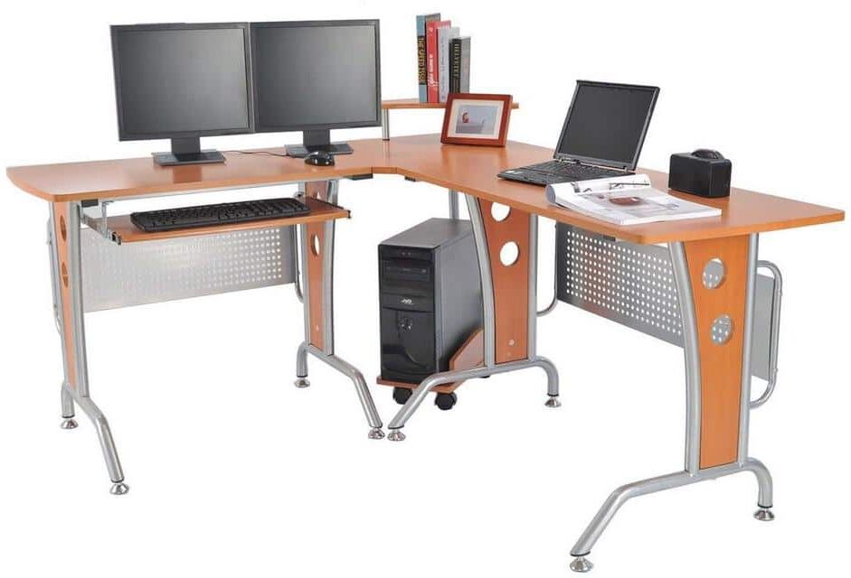 HOMCOM 65 in. Wood Grain, Sliver Corner Computer Office L-Shaped Workstation with Elevated Shelf, Keyboard Tray and CPU Stand