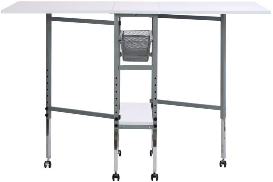 Sew Ready Hobby Craft 60 in. W x 36 in. D MDF Folding Fabric Cutting Table with Drawers, Adjustable Height, Silver / White