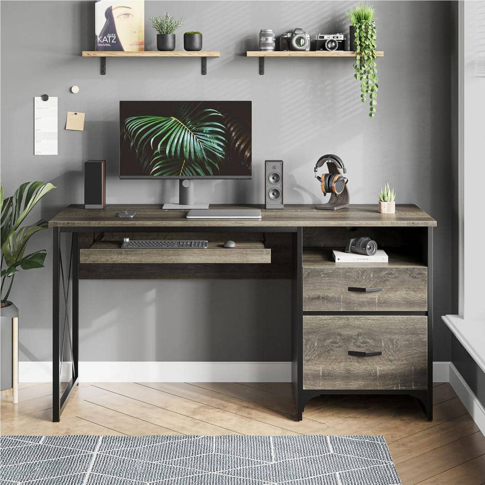 Bestier 55 in. Desk with 2 Drawers Industrial Style Office Desk with Keyboard Tray Dark Retro Grey Oak