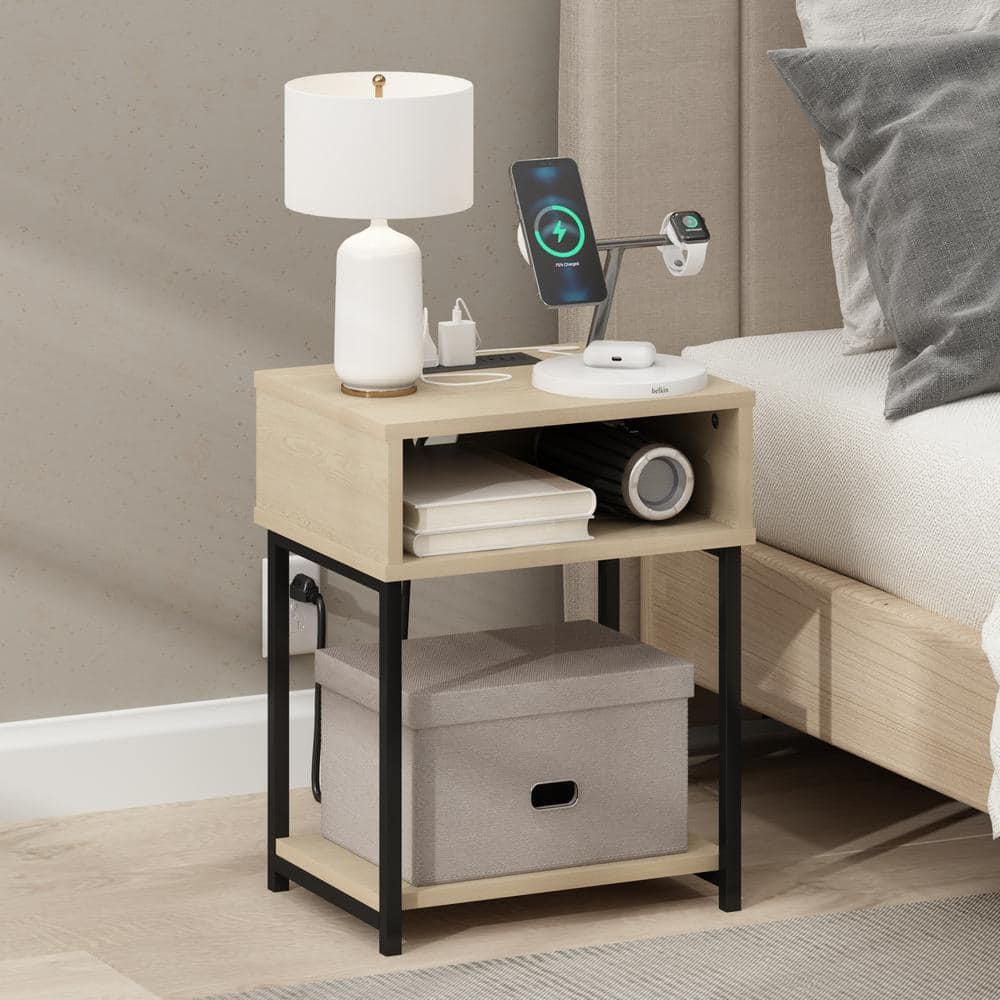 Furinno Moretti 15.2 in. Bauhaus Oak Rectangle Wood End Table with USB and Type-C Charging Port