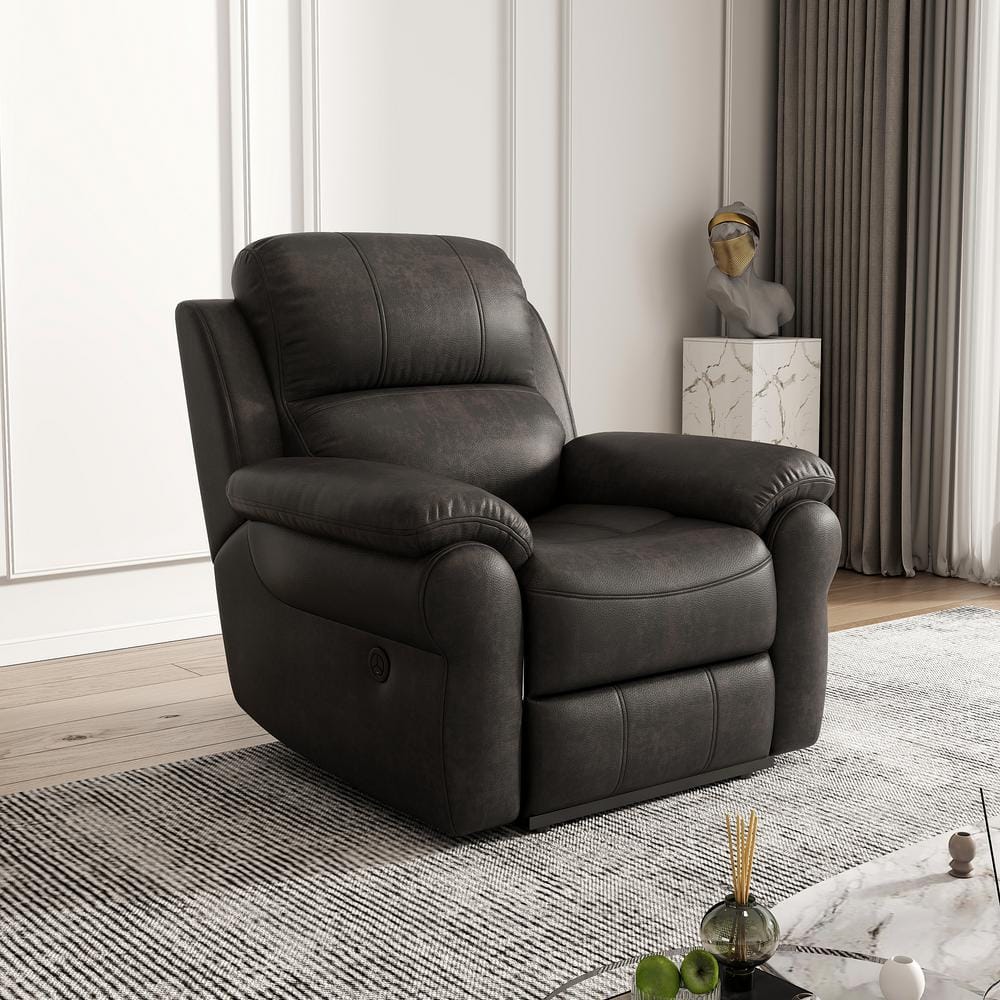 Merax Home Theater Seating Espresso PU Upholstered Power Recliner with Side Pocket. USB Button