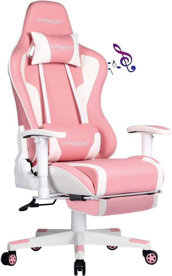 Lucklife Pink Gaming Chair with Footrest, Bluetooth Speakers Ergonomic High Back Music Video Game Chair Leather Office Chair