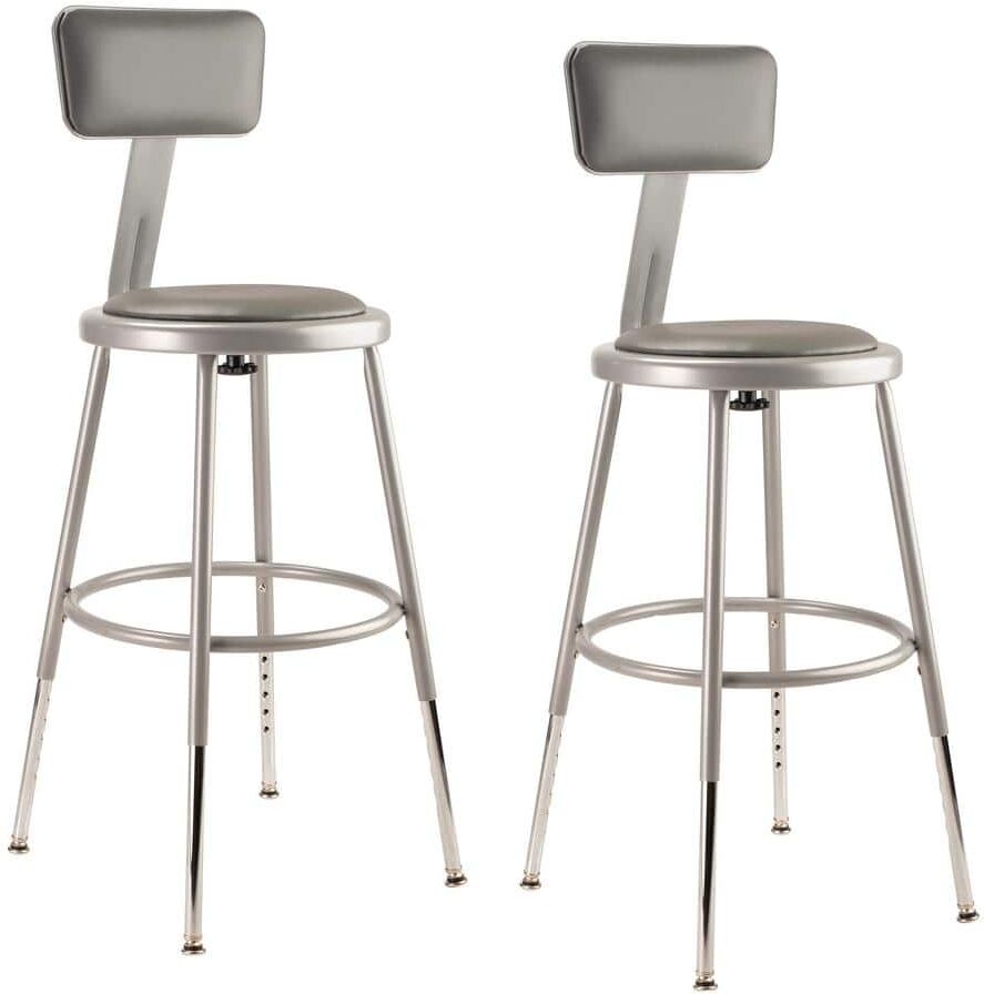 National Public Seating 19 in.- 27 in. Height Adjustable Grey Heavy Duty Vinyl Padded Steel Stool with Backrest (2-Pack)