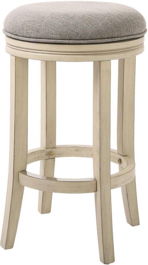 NewRidge Home Goods Victoria 26 in. Distressed Ivory Backless Wood Swivel Counter Stool with Upholstered Gray Seat, 1-Stool