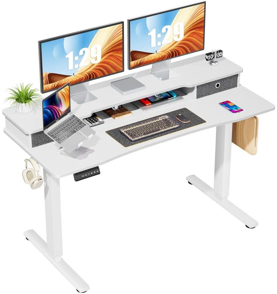 FIRNEWST 55 in. Rectangular White Electric Standing Computer Desk with Double Drawers Height Adjustable Sit or Stand Up