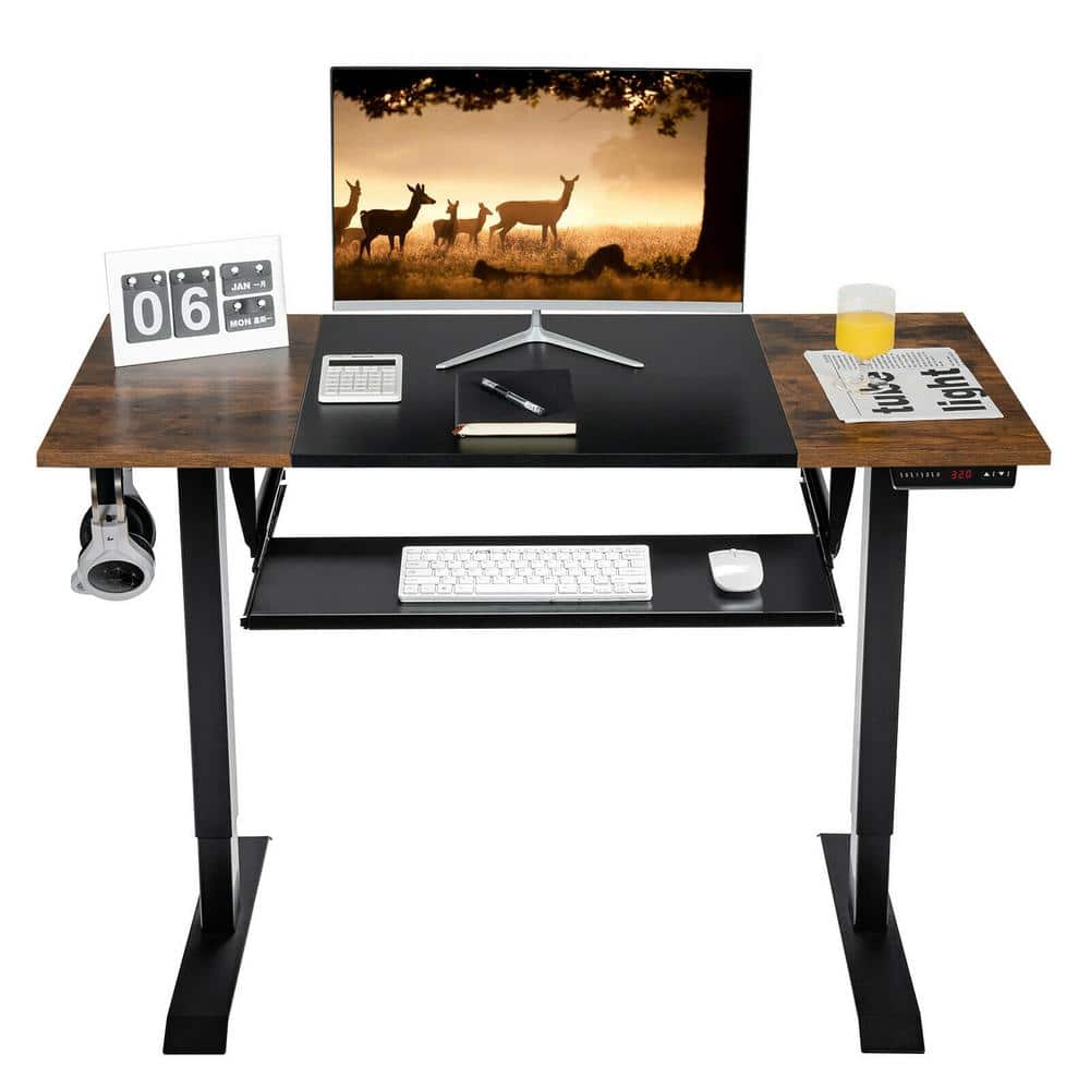 ANGELES HOME 48 in. W Height Adjustable Steel Frame Wood Table Top Electric Computer Sit-Stand Desk with Keyboard Tray, Black
