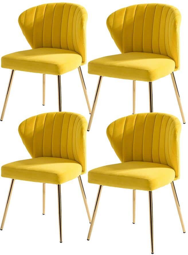 JAYDEN CREATION Olinto Modern Yellow Velvet Channel Tufted Side Chair with Metal Legs (Set of 4)