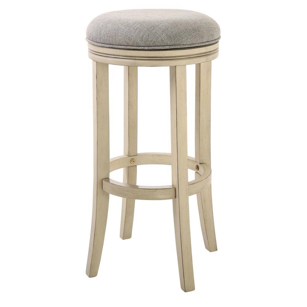 NewRidge Home Goods Victoria 31 in. Distressed Ivory Backless Wood Swivel Bar Stool with Upholstered Gray Seat, 1-Stool