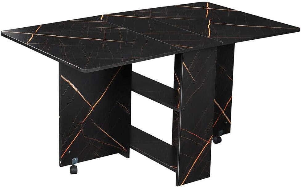 Dinaza 55.1 in. Rectangle Black Marble Wood Folding Dining Table Drop Leaf Table with 2-Tier Racks with Wheels (Seats 6)