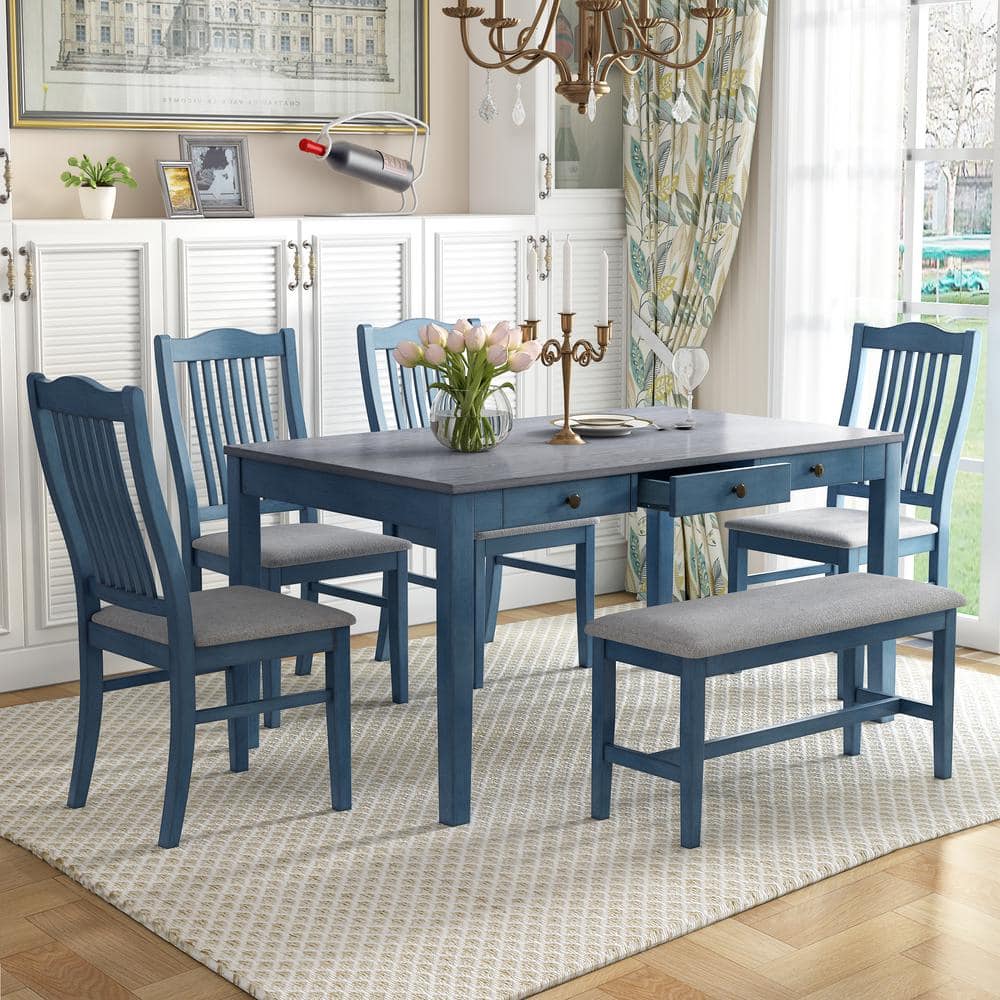 Harper & Bright Designs Mid-Century 6-piece Antique Blue Rectangle MDF Top Dining Table Set Seats 6 with Storage Drawer