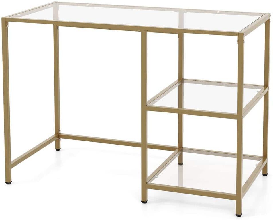 Gymax 42 in. W Rectangular Gold Computer Desk Tempered Glass Workstation Vanity Table w/2-Tier Storage Shelves