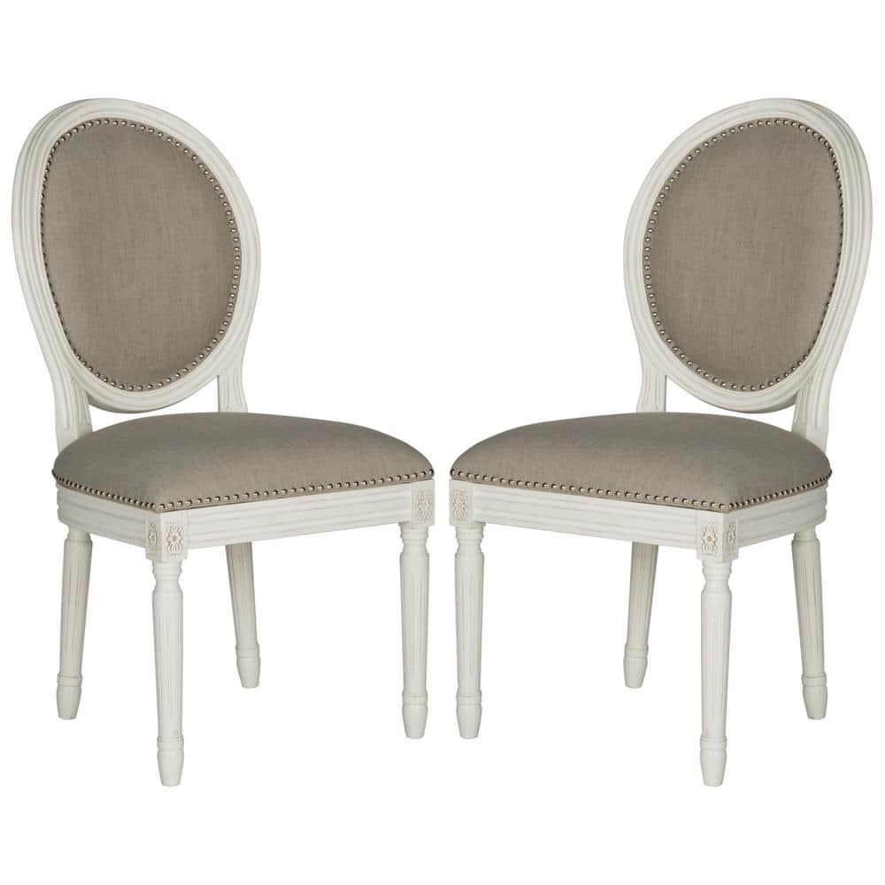 SAFAVIEH Holloway Light Gray/Cream 19 in. H French Brasserie Linen Oval Side Chair with Silver Nail Heads