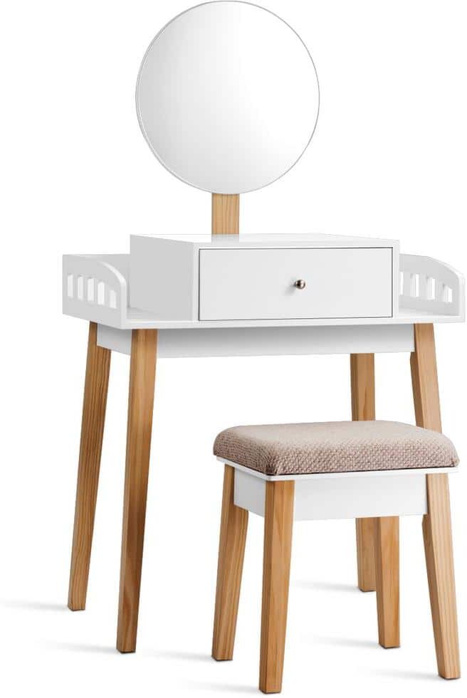 Gymax Makeup Dressing Table Stool Wooden Vanity Set with Round Mirror Drawer