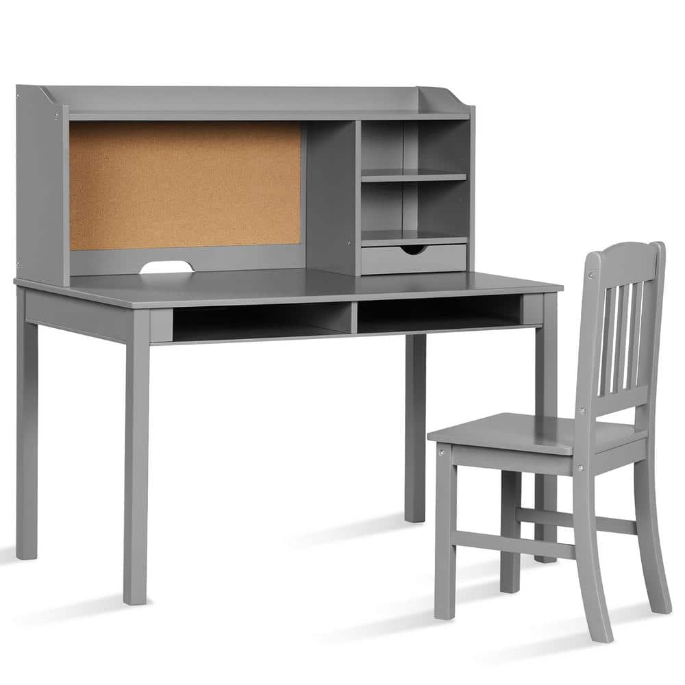 Costway 2-Pieces Kids Desk and Chair Set Rectangular Wood Top Gray Study Writing Desk with Hutch, Bookshelves