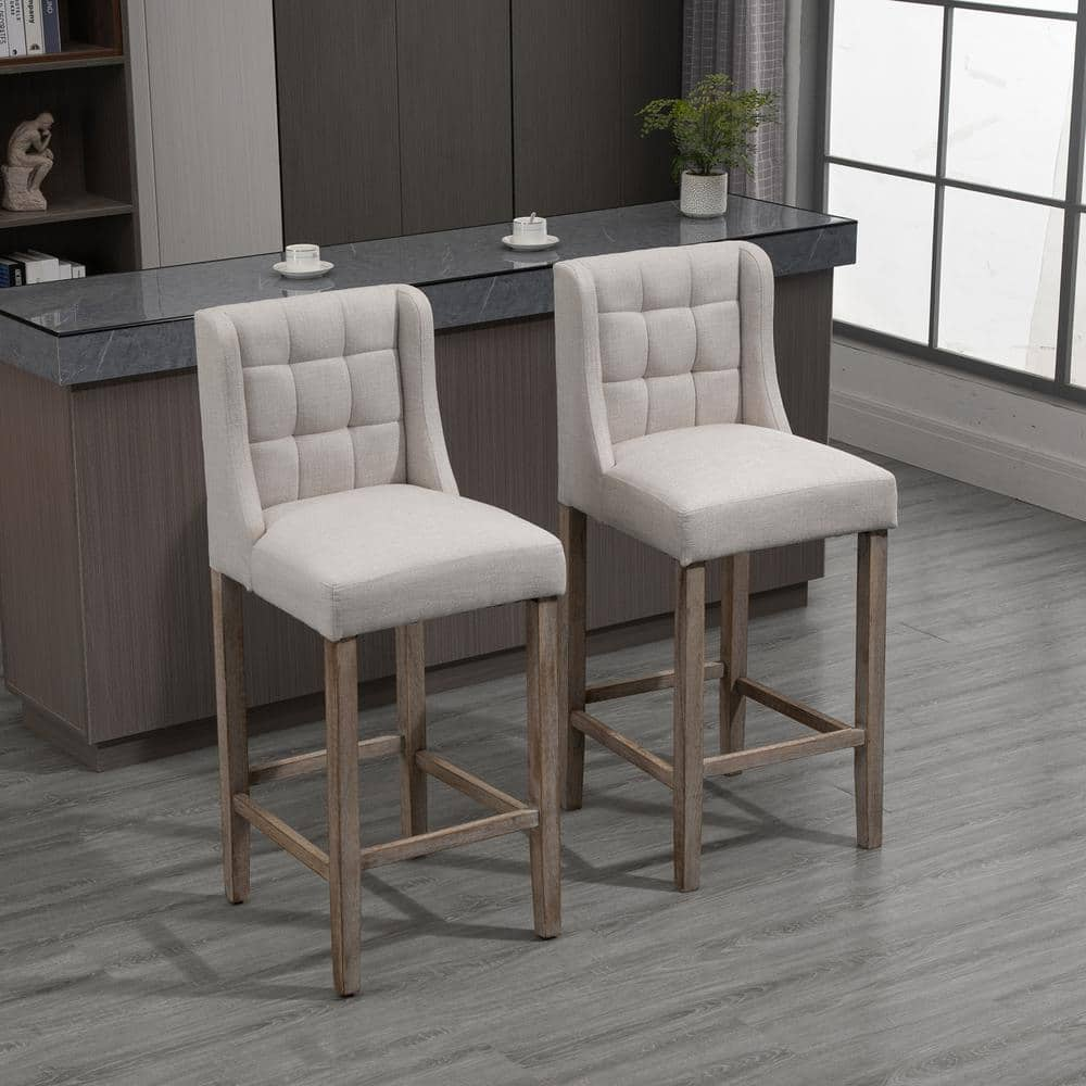 HOMCOM 41.75 in. Cream White Low Back Metal Foot Rest Bar Height Bar Stool with Tufted Upholstered Pub Seat (Set of 2)