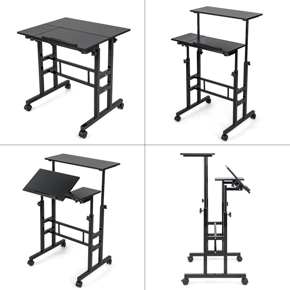 Gymax 27.5 in. Black Mobile Stand up Desk Adjustable Computer Desk Tilting Workstation