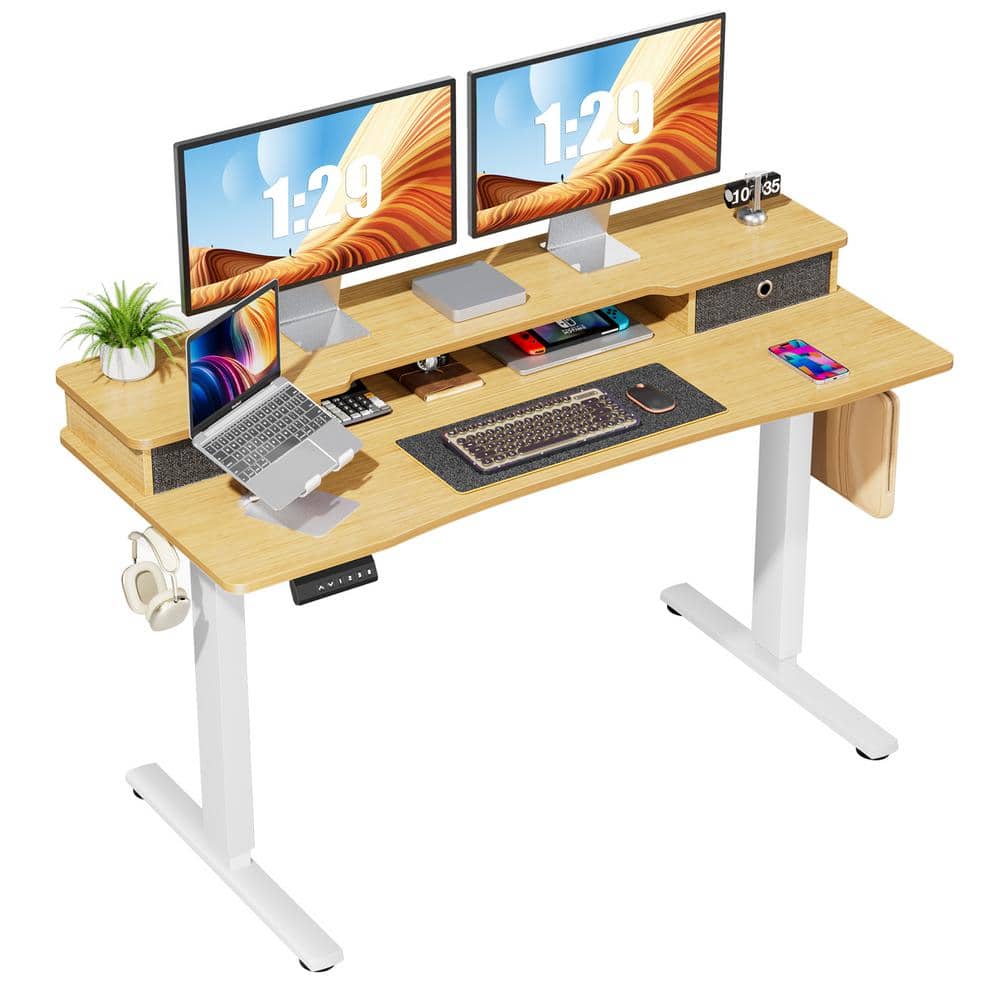FIRNEWST 55 in. Rectangular Oak Electric Standing Computer Desk with Double Drawers Height Adjustable Sit or Stand Up