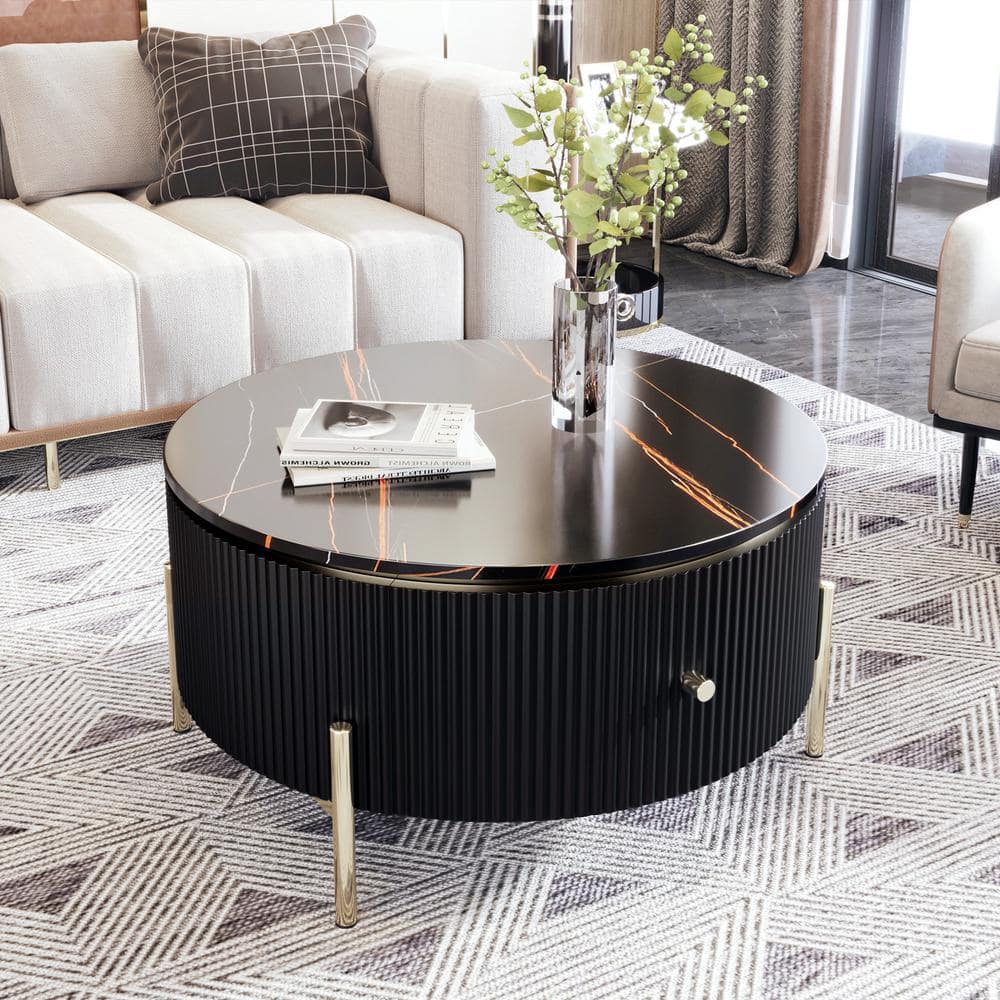 Magic Home 31.5 in. Modern Round Coffee Table Storage Accent Table with 2 Large Drawers in Black
