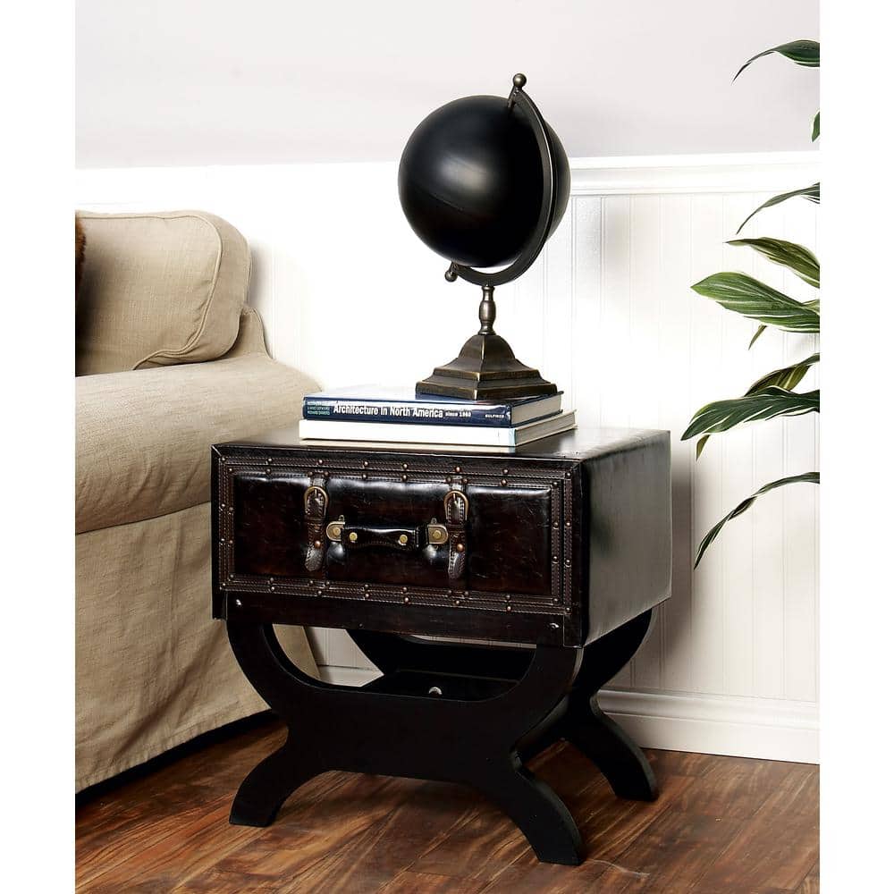 Litton Lane 16 in. Brown Vintage Faux Leather Single Drawer Large Square Wood End Table with Curved Style Leg Stand