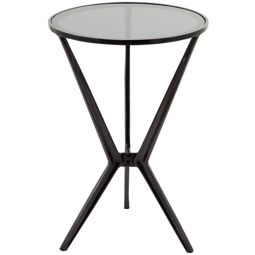 Litton Lane 16 in. Black Hourglass Shaped Stand Large Round Glass End Accent Table with Clear Glass Top