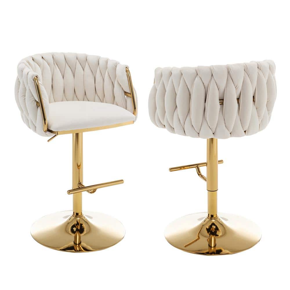 Best Quality Furniture Earl 25 in. 33 in. Upholstered Cream Low Back Gold Metal Frame Adjustable Bar Stool With Velvet Fabric (Set of 2)