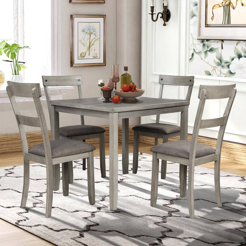 GODEER 5-Piece Square Industrial Wooden Top Light Grey Dining Table Set, 4 Chairs for Dining Room