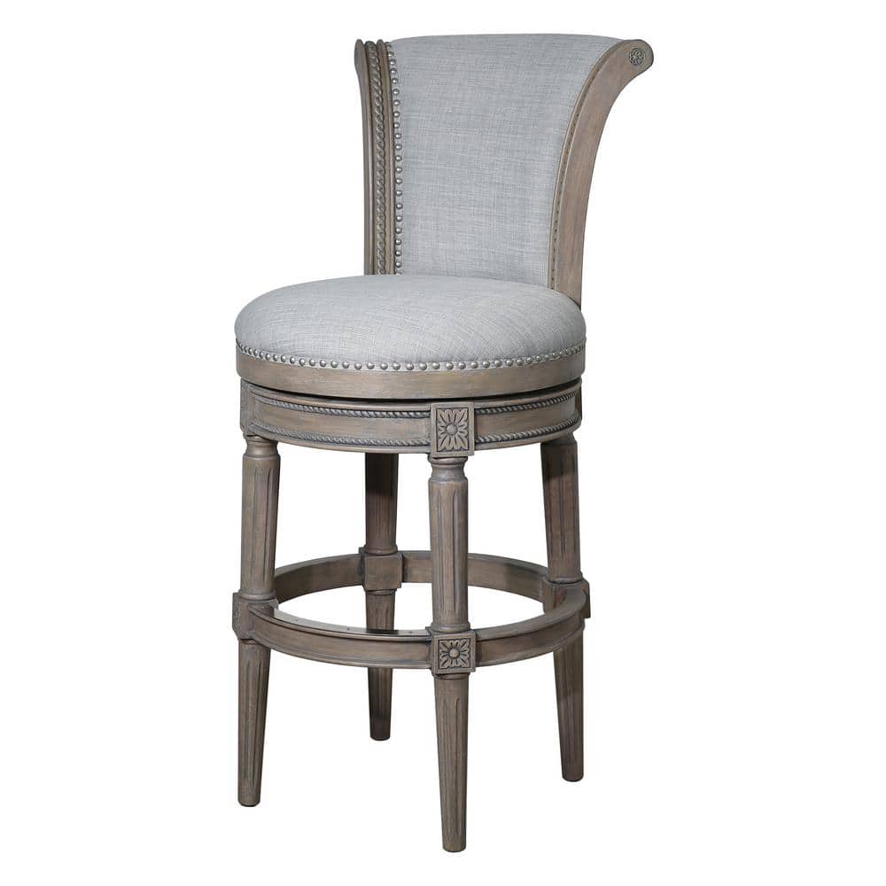 NewRidge Home Goods Chapman 31 in. Weathered Gray High Back Wood Swivel Bar Stool with Gray Upholstered Seat, 1-Stool