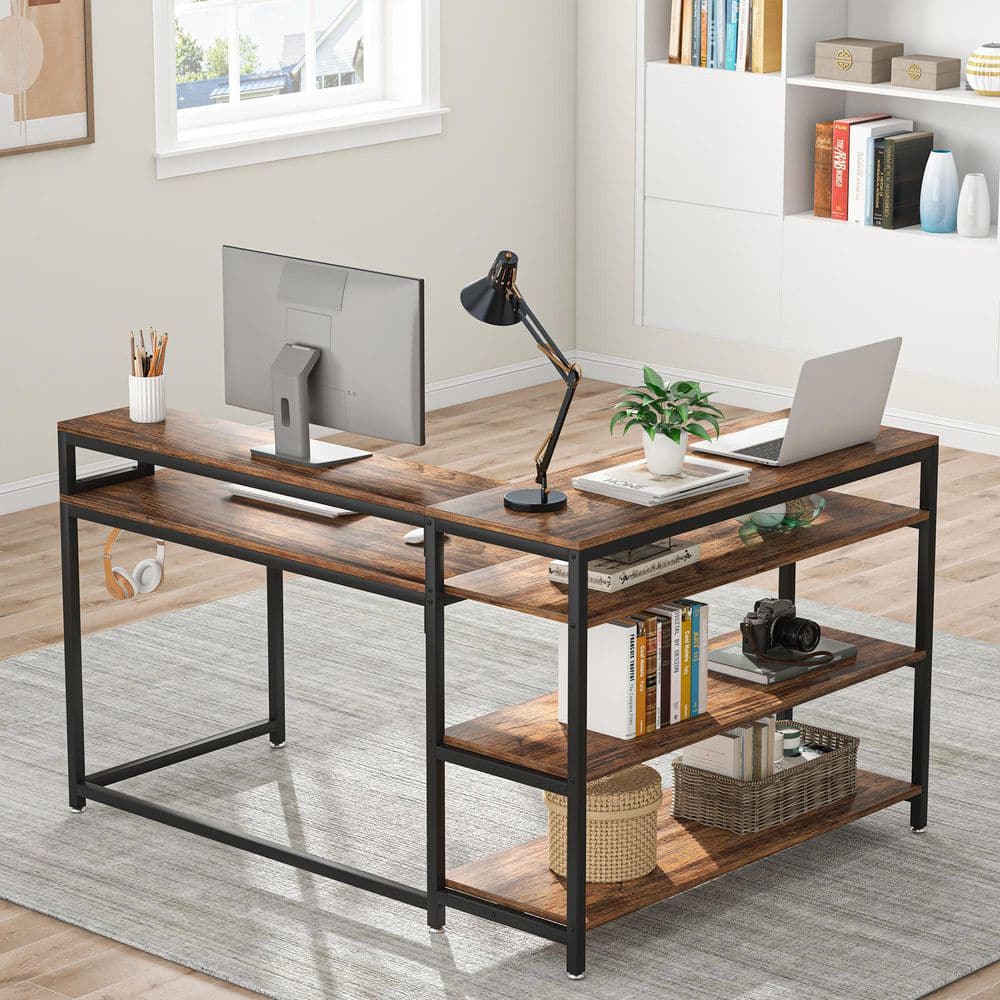 BYBLIGHT Lanita 53 in. L-Shaped Retro Brown Reversible Computer Desk with Shelves and Monitor Stand