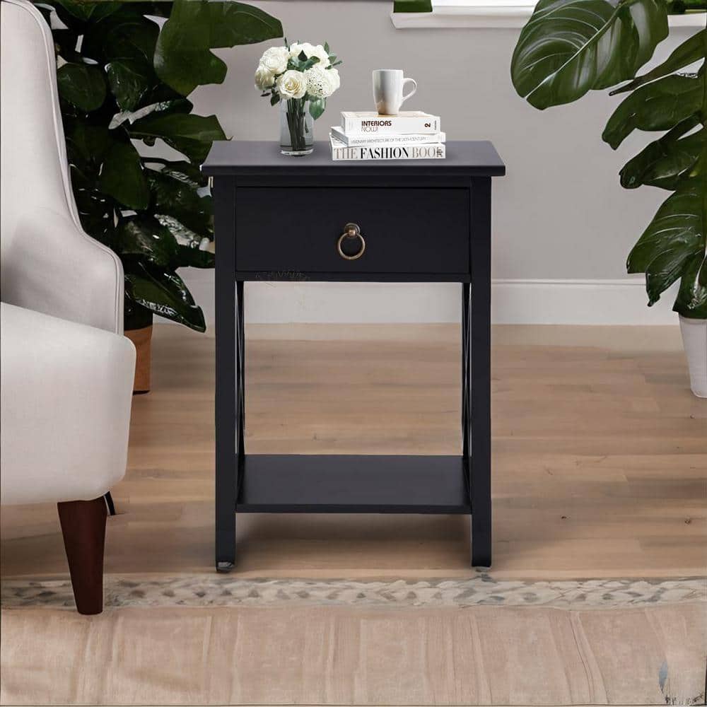 HOMESTOCK Black Night Stand Bedside Table with Drawer Wooden Side Tables Bedroom Night Stand 21.6 in. H x 12 in. W x 16 in. D