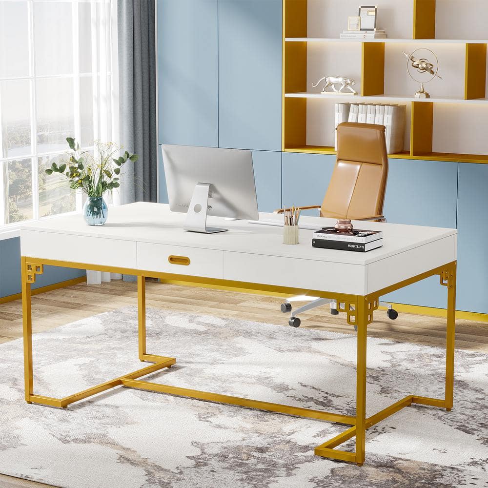 TRIBESIGNS WAY TO ORIGIN Halseey 63 in. Rectangular Modern White Gold Wood Executive Desk, Large Computer Desk with Drawer, Conference Room Table