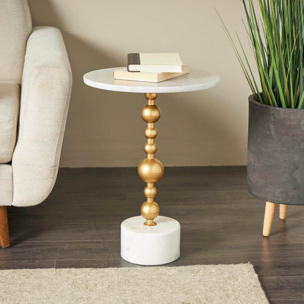 Litton Lane 16 in. White Geometric Large Round Marble End Table with Gold Metal Bubble Stand