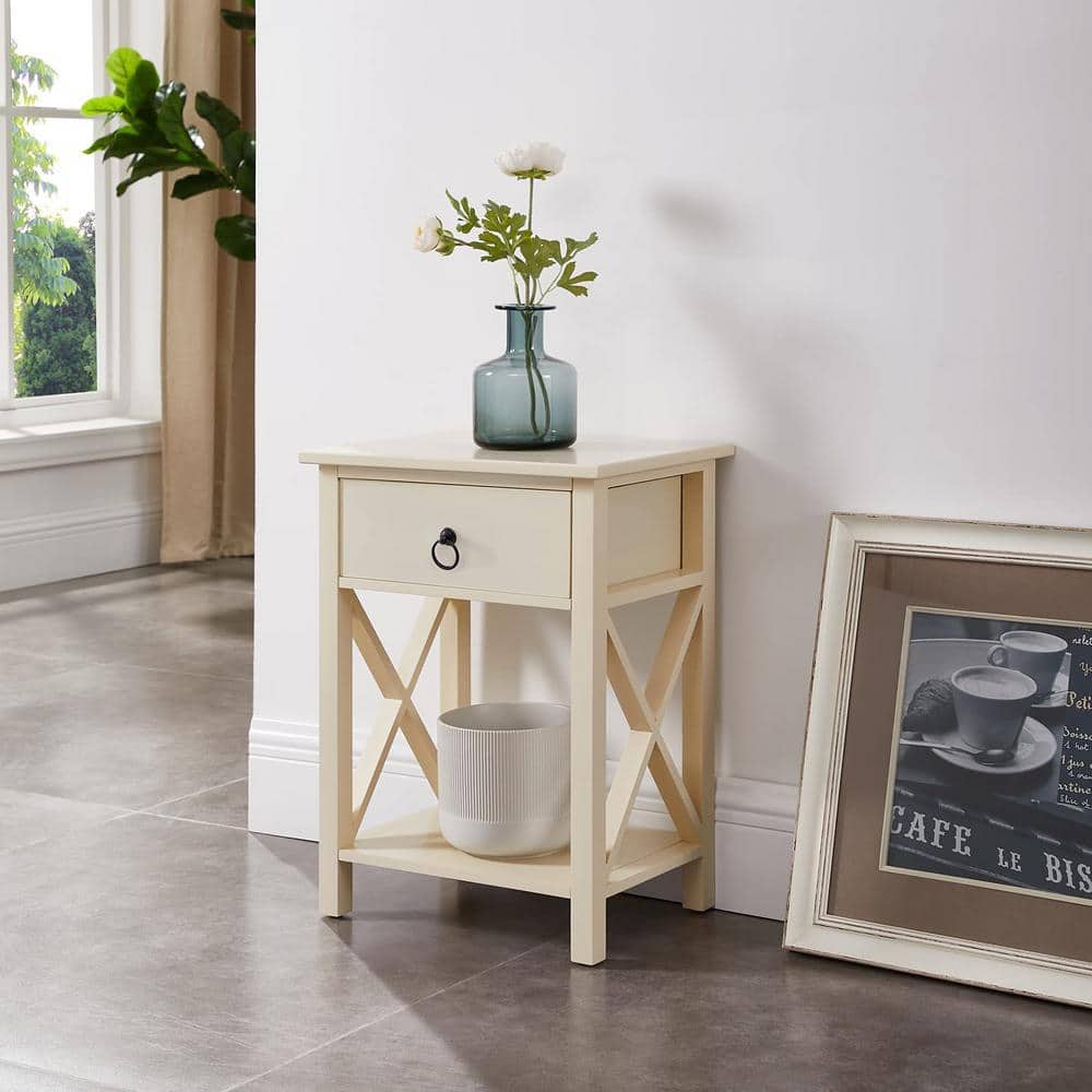 HOMESTOCK 21.6 in. H x 12 in. W x 16 in. D Cream Night Stand Bedside Table with Drawer Wooden Side Tables Bedroom Night Stand