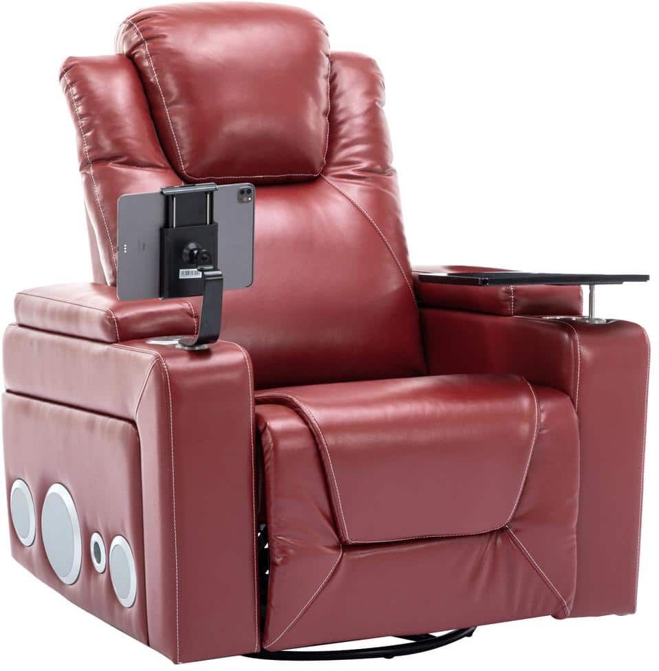 Merax Red Home Theater 270 Degree Swivel PU Power Recliner with Surround Sound, Removable Tray Table and Hidden Storage