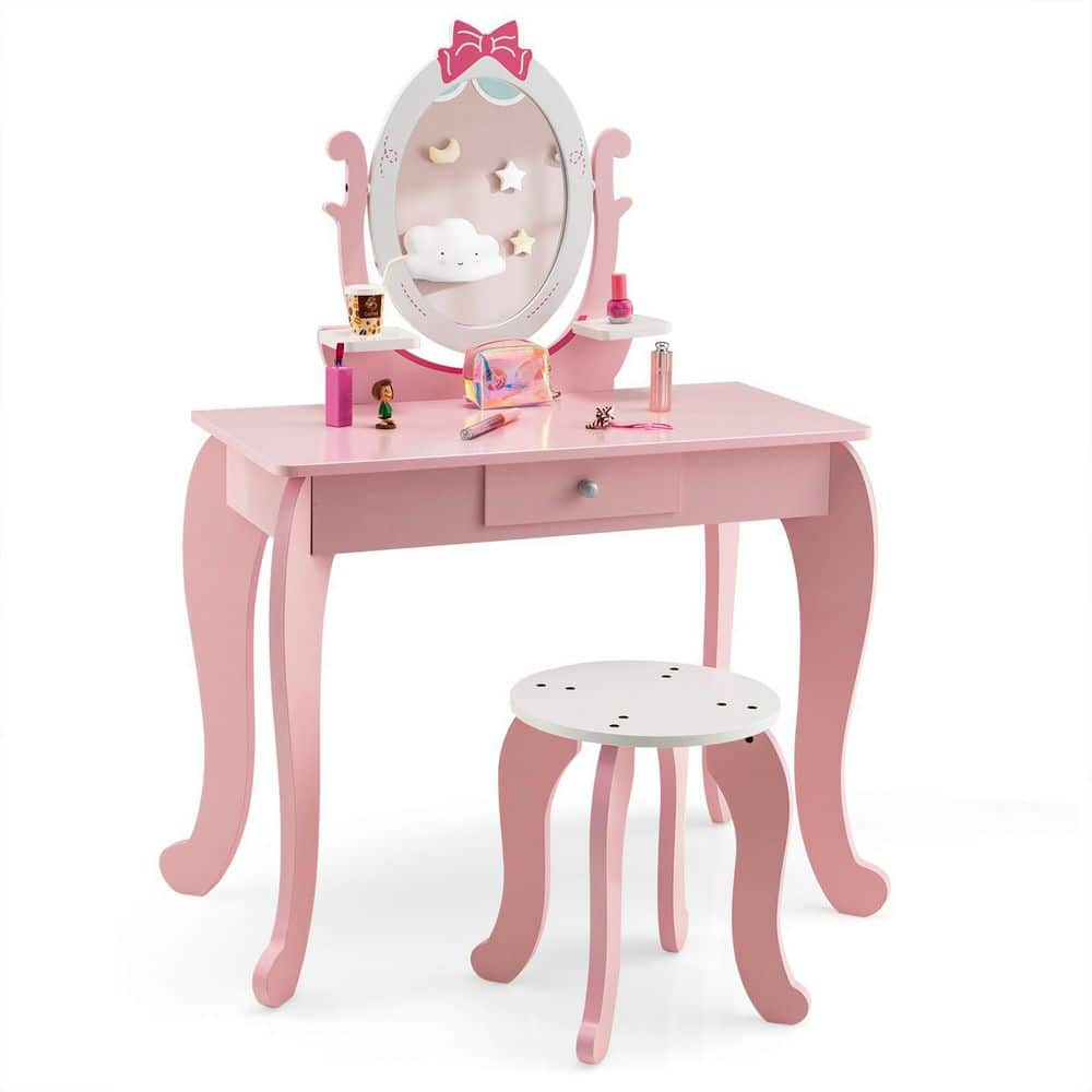 Costway Kid Vanity Table Stool Set with Adjustable Mirror Storage Drawer Makeup Pink