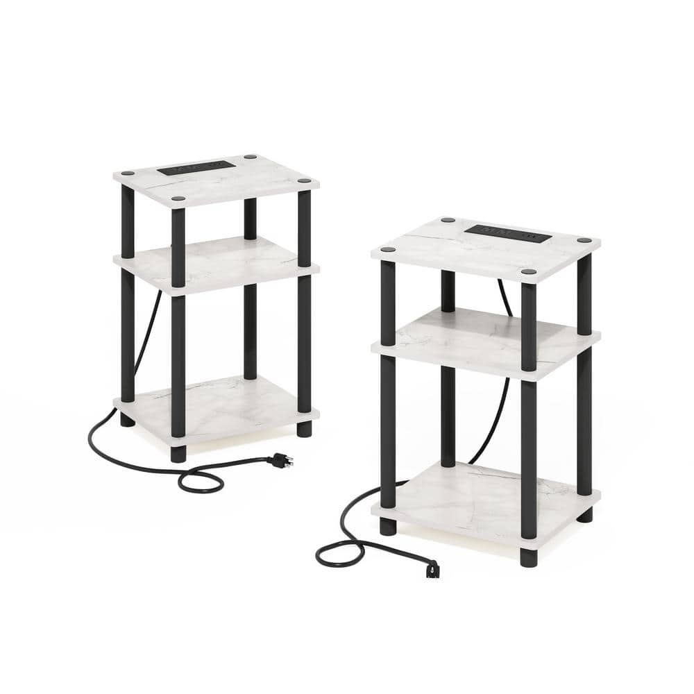 Furinno 13.39 in. Marble White/Black Rectangle Wood End Table with USB and Type-C Charging Port Set of 2