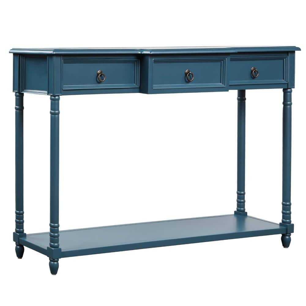 Polibi 51.57 in. Antique Navy Rectangle Shape Solid Wood Console Table with Projecting Drawers and Long Shelf
