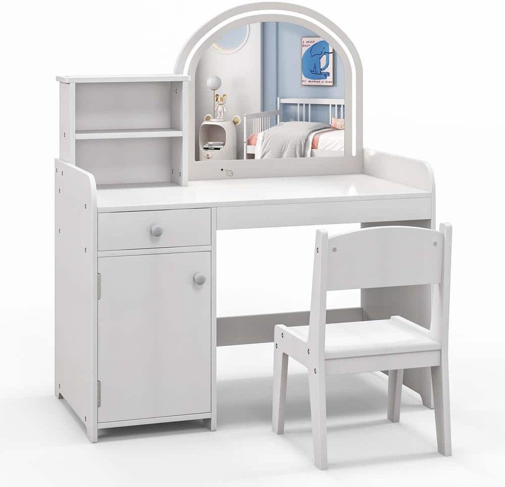 Costway 2-Piece Wood Top Kid Vanity Table Chair Set 2-Color LED Lights Large Drawer Shelf Cabinet White