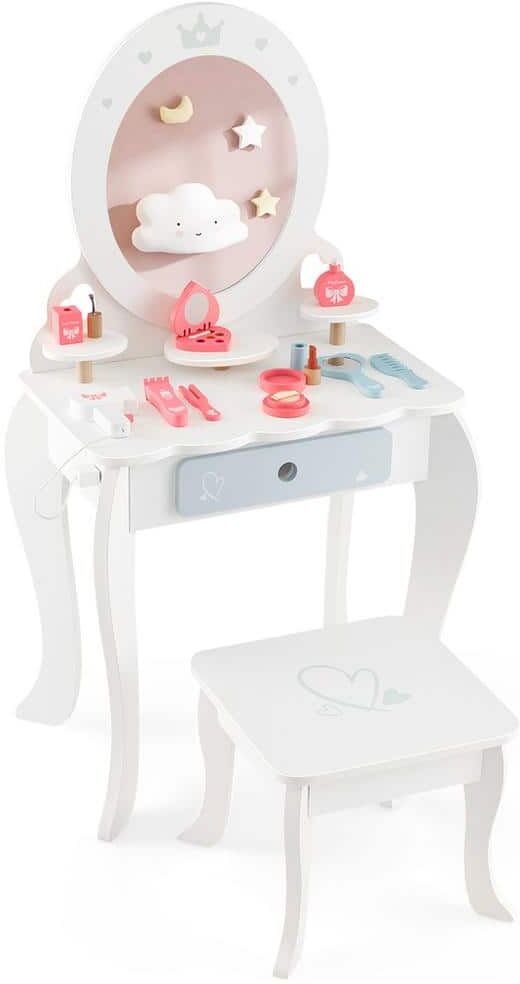 Costway 2-Piece MDF Top White Kids Vanity Set Makeup Table and Chair Sweet Accessories Included Storage Drawer