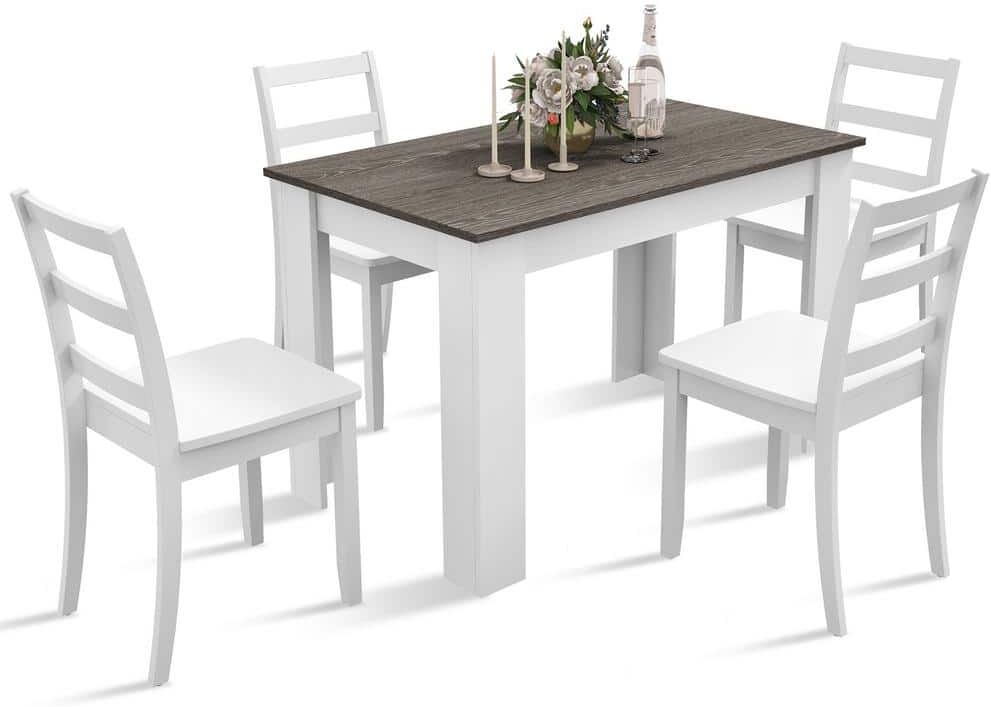 Costway 5 PCS Wood Top Bar Table Set Modern Dining Set Rectangle Table and 4 Rubber Wood Chairs Kitchen Breakfast